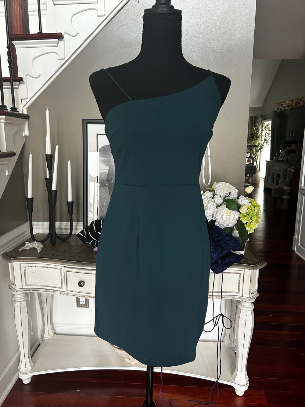 Lulu's Teal Asymmetric Mini Dress with Thin Straps and Leg Slit | Size M